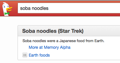 a duck duck go search for “soba noodles” is shown, the first result being a star trek wiki article referring to soba noodles in the past tense: “soba noodles were a Japanese food from Earth”