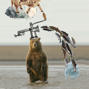 this image of a bear being created from salmon by a meat grinder turned by the a water buffalo riding the clanger’s cloud