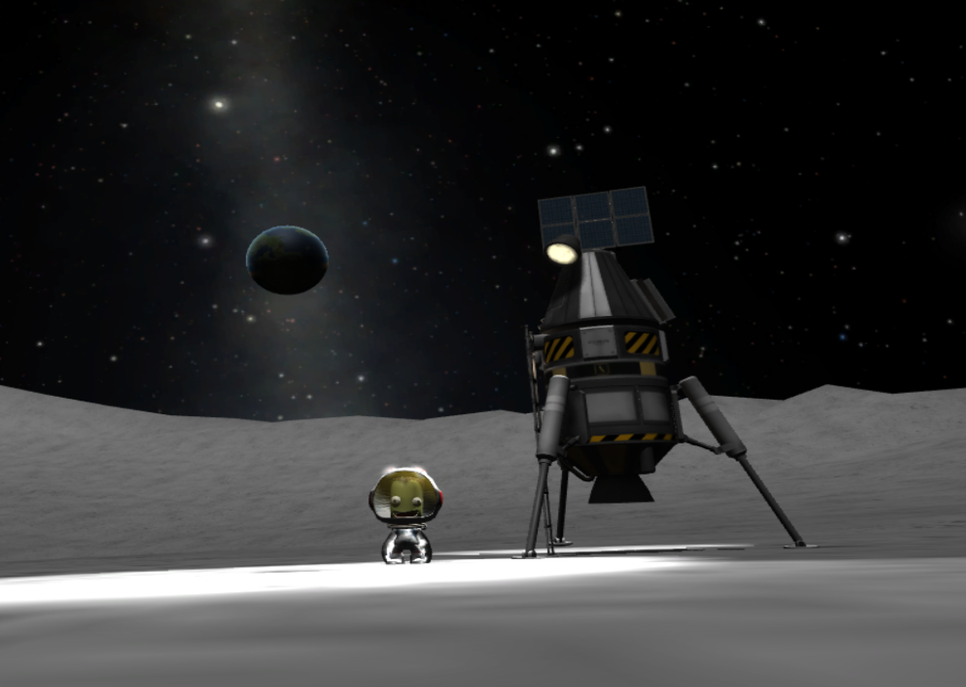 A kerbal stands proudly on the moon next to a small, three-legged lander. In the background is Kerbin, set against the milky way.