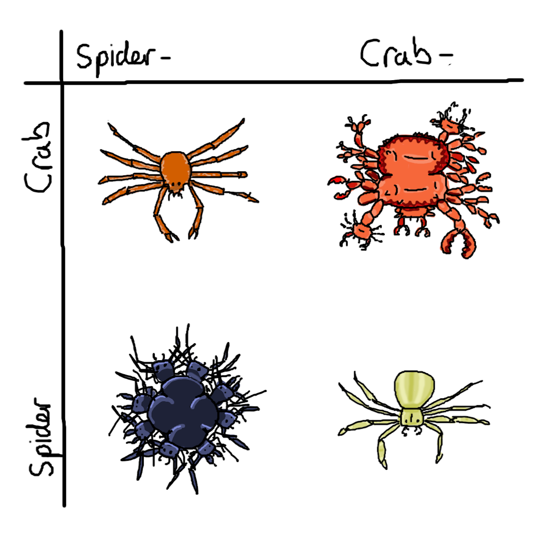 A table with two rows and two columns, each labeled “spider” and “crab”. Spider, crab shows a spider crab. Crab, spider shows a crab spider. Crab, crab shows a crab-like entity with all to much crab. Likewise for spider, spider. If you’re hearing this, you can probably at least be glad that you’re not looking at the spider, spider.