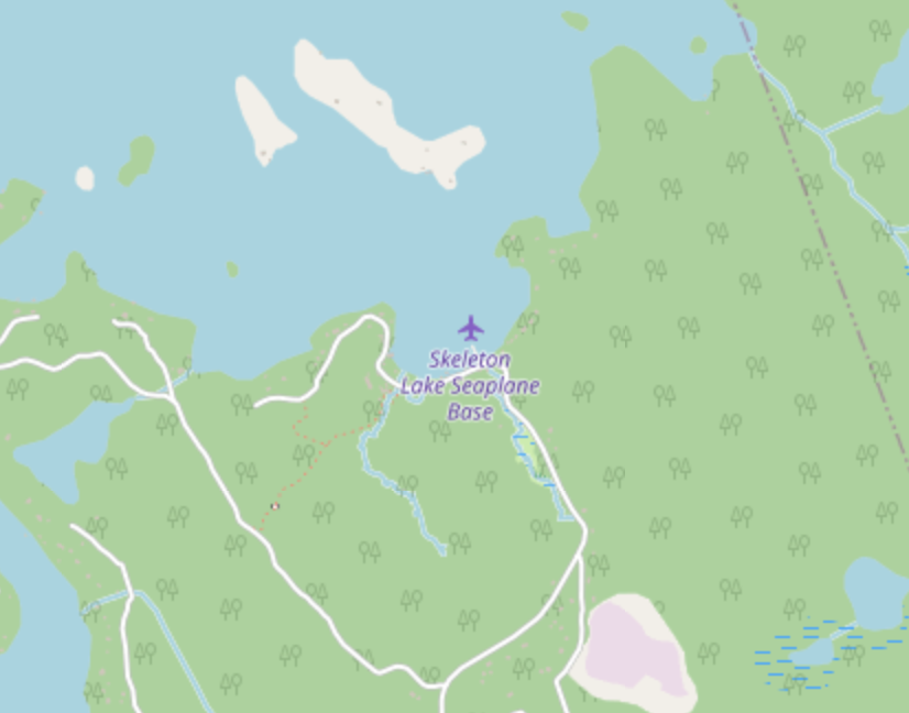 Screenshot of a map showing “Skeleton Lake Seaplane Base”