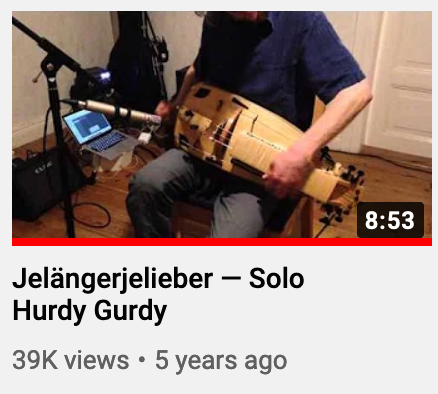 Screenshot of a youtube video featuring a hurdy gurdy, with 39 thousand views