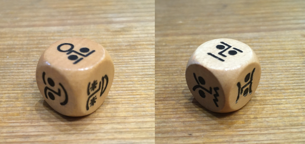 Two photos showing all sides of a six-sided die. Each side has a simple representation of a face displaying a different emotion